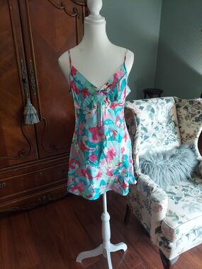 Floral Satin Chemise Slip in Aqua and Pink